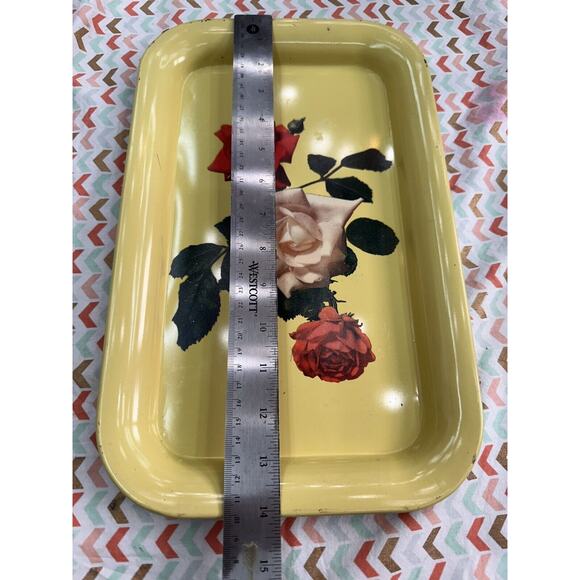Vintage 50s Mid Century Modern Metal Serving Tray Yellow Roses 8.8" x 14.25" MCM - Picture 6 of 6